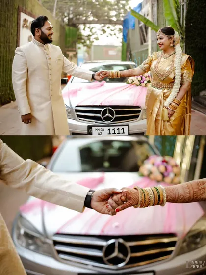A collage showing the couple with their wedding car, a classic Mercedes. The close-up of their hands is a beautiful symbol of their union.