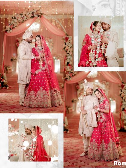 A collage of the couple's wedding portraits, capturing them in various poses against a beautifully decorated backdrop.