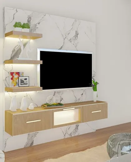 A clean and bright TV unit design with a marble backdrop and light wood shelving, perfect for a modern and minimalist living space.