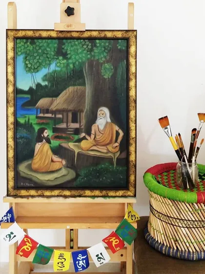 A closer look at the Guru-Shishya painting on my easel, framed and ready for the client. This piece was a special dedication for motivational speaker Suresh Srinivasan.
