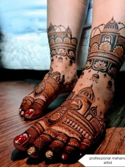 Your bridal mehndi is not complete without beautiful designs for your feet. This is an example of intricate leg mehndi with architectural domes and delicate jhumka (earring) motifs, ensuring you look stunning from head to toe.