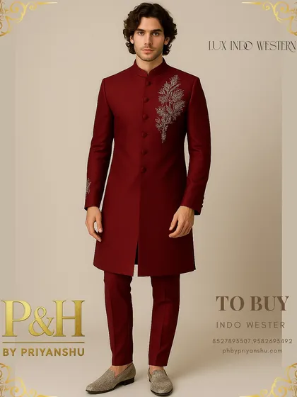 This luxurious Indo-Western suit in a striking maroon is crafted from handloom-imported pure silk. The silver embroidery on the chest and sleeve adds a touch of modern sophistication.