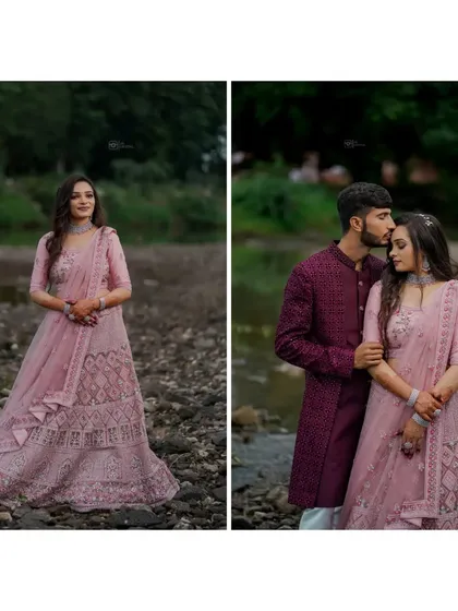 A diptych from a riverside pre-wedding shoot. It features a beautiful solo portrait of the bride-to-be and a tender moment with her partner.