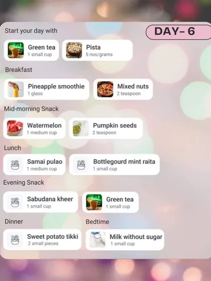 This is the meal plan for Day 6 from my free Navratri diet guide. It includes options like a pineapple smoothie, samai pulao, and sweet potato tikki to keep your fasting meals interesting and healthy.