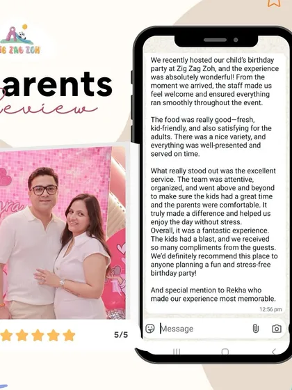A 5-star review from happy parents! They highlighted our excellent, attentive service and how the kids had a blast, making it a fantastic and stress-free experience for everyone.