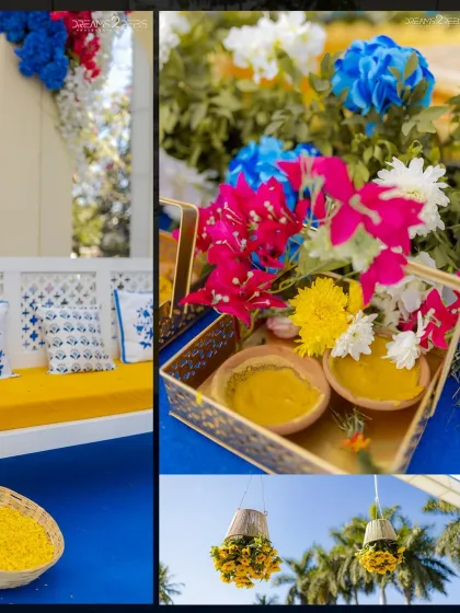 The auspicious turmeric paste in earthen bowls, ready for the ceremony, surrounded by vibrant bougainvillea and marigolds.