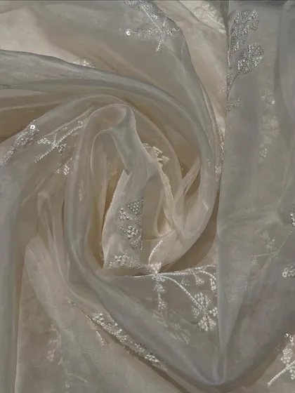 This swirled view of my pure organza highlights its delicate nature. The intricate white-on-white pani tikki embroidery offers a subtle sparkle, ideal for a classic and graceful ethnic suit.