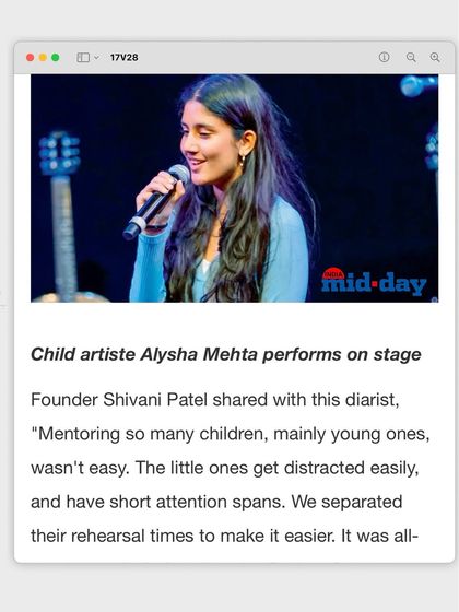 A close up of the Mid-day article, featuring a photo of child artist Alysha Mehta performing on stage during 'Sound of Emotions'.