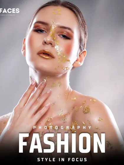 A striking portrait where the model's pose and the gold leaf makeup come together to create a piece of living art. This is the kind of work we love to create for bold, creative campaigns.