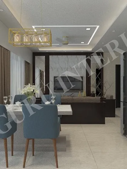 This render shows the dining area of the same project, ensuring a consistent design language flows from the living room. The lighting and furniture are all planned in this virtual stage.