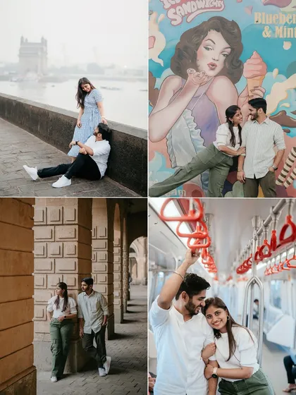 A collage showcasing a day in the life of a couple in Mumbai. From a quiet moment by the sea to a ride on the metro and a quirky cafe, we capture your story against the city's diverse backdrops.