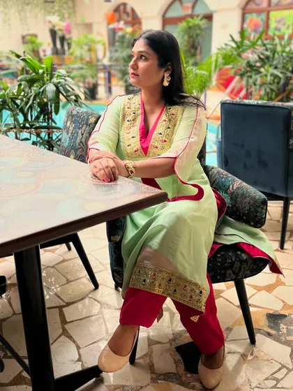 Another look at this elegant Indian outfit, perfect for daytime corporate events or cultural gatherings.