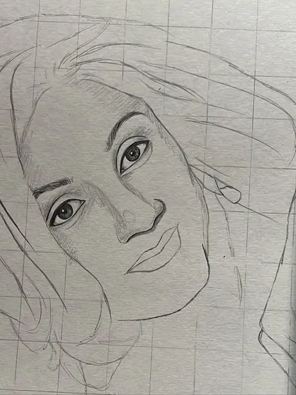 The initial line work for the portrait, drawn using a grid for precision. This shows the foundational step before any shading is applied.