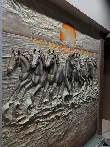 This angle captures the full length of the deluxe 7 horses wall sculpture, a testament to detailed craftsmanship.
