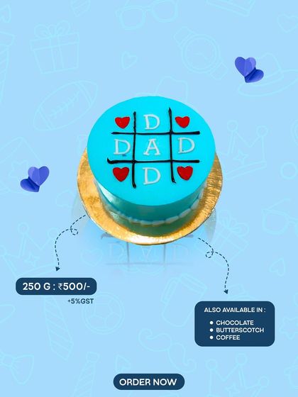 A playful Tic-Tac-Toe "DAD" cake for Father's Day. This mini cake is available in chocolate, butterscotch, or coffee, his favourite flavour.