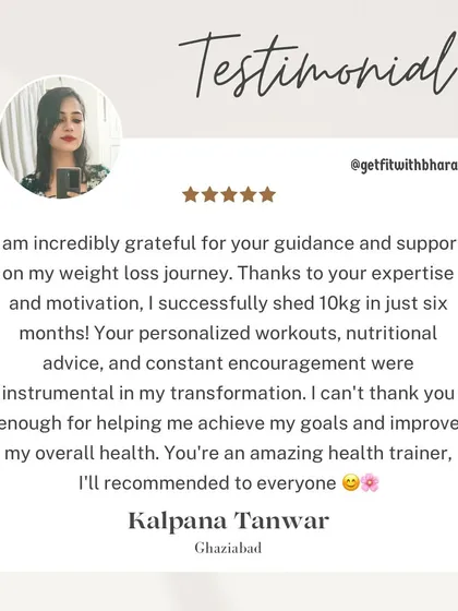 Kalpana shed 10 kgs in six months. She is grateful for the personalized workouts, nutritional advice, and constant encouragement that were instrumental in her transformation.