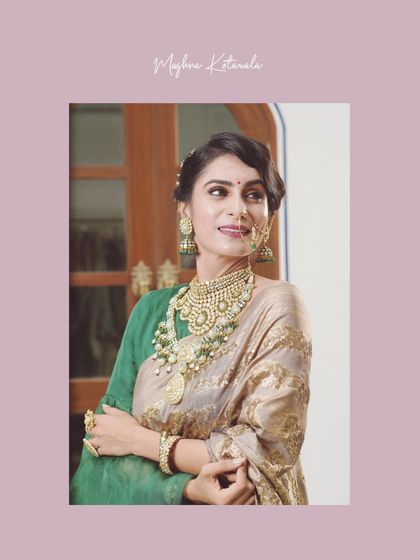 A poised and graceful portrait of the bride. The styling focuses on her magnificent layered necklace and the rich texture of her Banarasi saree.