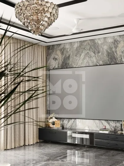 For this home theater setup, we mounted a large projector screen against a dramatic marble wall. The statement crystal chandelier adds a touch of glamour, making movie nights a truly luxurious experience.
