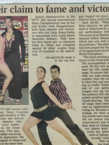 An article about our experience representing India at the CCTV International Salsa Congress in China. We even added an unusual Indian flavor to our music, which the audience loved.