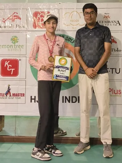 Prisca Sachdeva with her 1st place medal and certificate at the Hurricane Junior Golf Tournament, The Advait Luthra Cup.