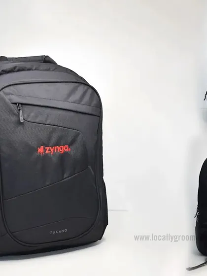 Another view of the durable and professional backpack we provided for Zynga, showing its different angles and features.