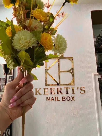 A creative shot of a new nail set held in front of my studio's logo.