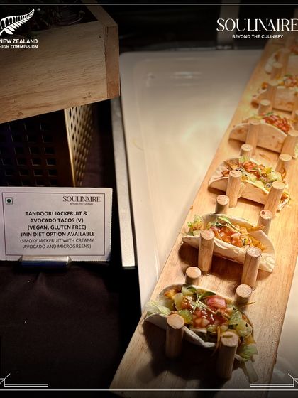 Tandoori Jackfruit & Avocado Tacos, a creative vegan and gluten-free option, served at the New Zealand High Commission. We cater to all dietary requirements with innovative and delicious solutions.
