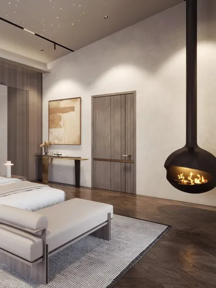 The standout feature of this render is the suspended fireplace, visualized to be a stunning focal point that adds warmth and modern style.