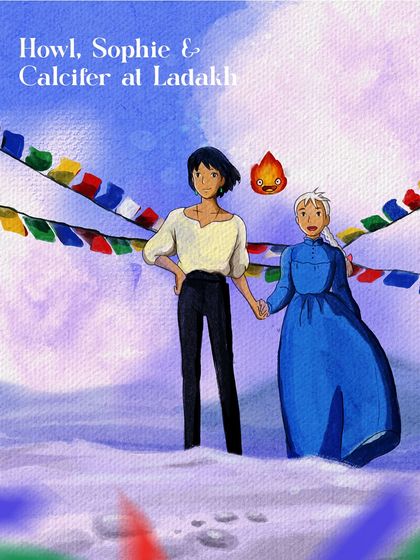 Howl, Sophie, and Calcifer in Ladakh. This is the illustration for January in my 'Indian Chronicles' calendar, imagining them against the backdrop of snowy peaks and colorful prayer flags.
