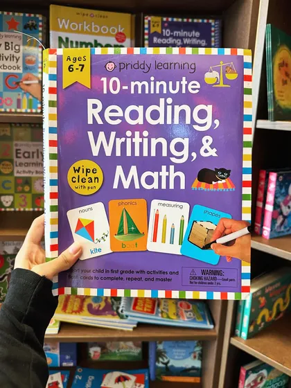 For a quick and engaging activity, we have books like this "10-minute Reading, Writing, & Math" workbook. It's filled with short, fun exercises to help first graders practice and master core skills.