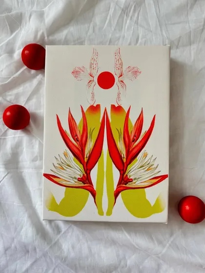 'Garden Museum 1/3', a contemporary floral canvas from a collection inspired by traditions, stories, and passion. The symmetrical design and bold red dot create a modern iconographic feel.