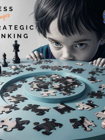 Chess encourages strategic thinking. Here, a child pieces together a puzzle on a chessboard, symbolizing the planning and foresight developed through the game.