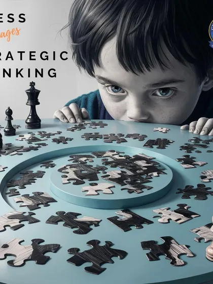 Chess encourages strategic thinking. Here, a child pieces together a puzzle on a chessboard, symbolizing the planning and foresight developed through the game.
