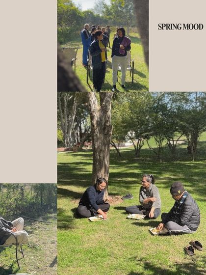 A collage showing the mood of our spring retreat. Participants enjoy the sunshine, share meals on the grass, and find moments of personal relaxation.