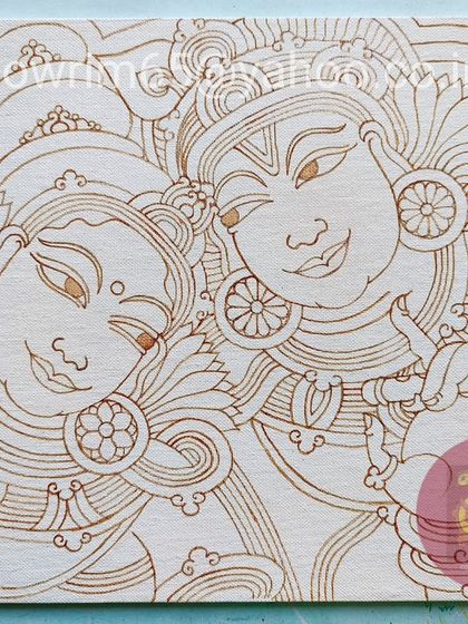 The initial brown outline for a custom Radha Krishna painting. This 14x12 inch piece was commissioned as a gift, and this is the first step in bringing the divine couple to life on canvas.