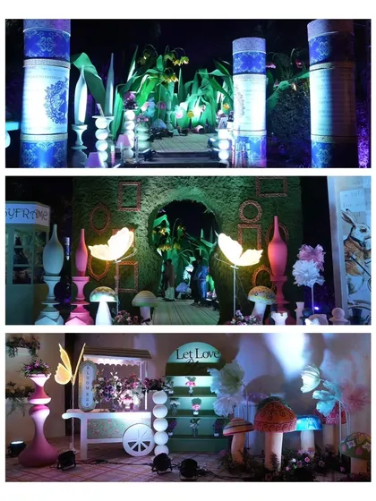 A collage showing various angles of the whimsical decor, from the giant flower pathway to the butterfly-lit photo ops, highlighting the many layers of the design.