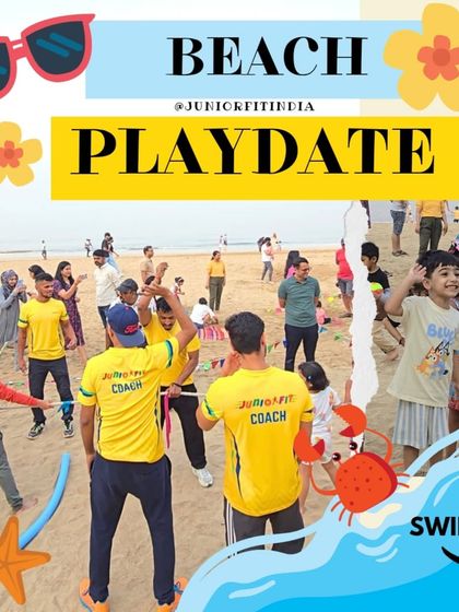 Welcome to our beach playdate. This graphic captures the essence of our seaside events, where the whole family can join in for fitness and fun under the sun.