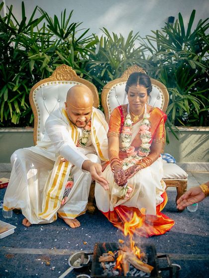 I have had the honor of hosting many beautiful South Indian weddings. The lush greenery and traditional decor elements, like floral arrangements and brass lamps, create an authentic and sacred atmosphere for the ceremony.