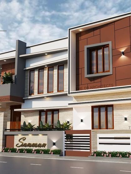 This 3D render of the "Sanman" residence shows the facade from a different angle, emphasizing the clean lines and the elegant color scheme.