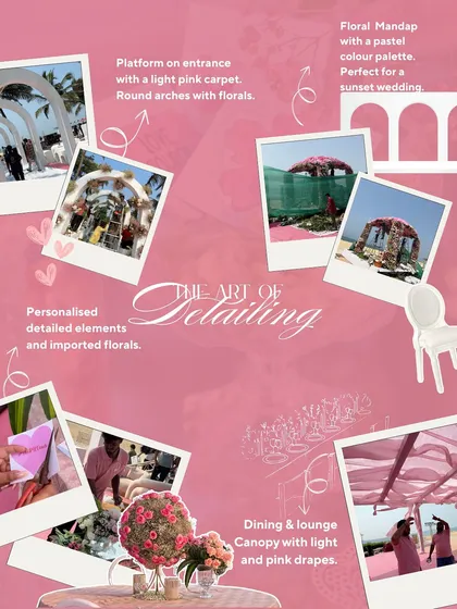 This is the art of detailing. A moodboard showcasing the entire process for the Goa beach wedding, from the entrance design and floral selection to the personalized elements and behind-the-scenes setup.