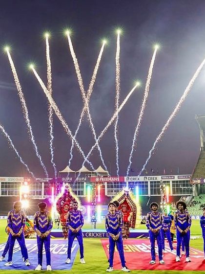 Dancers perform on the field surrounded by pyrotechnics during the Kerala Cricket League opening ceremony. We choreographed and managed all on-field entertainment to build excitement for the first match.