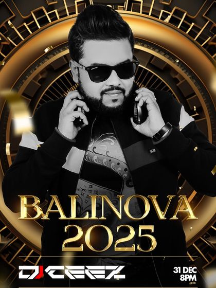 The official poster for Ballinova 2025, the biggest New Year bash in Bangalore. This event features fireworks, fire performers, and unlimited food and drinks.