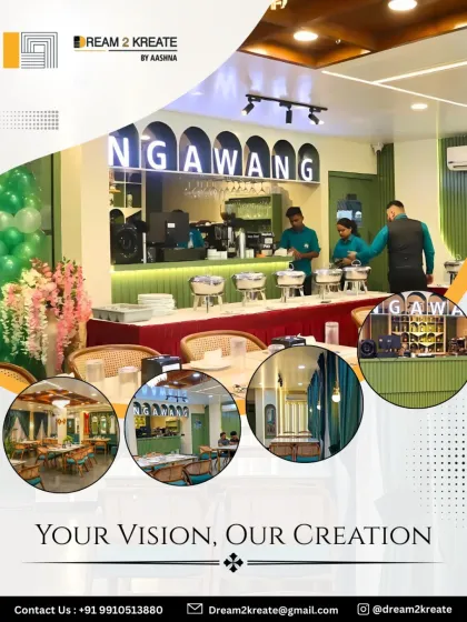 A collage showcasing the vibrant and welcoming interior of Ngawang Cafe, featuring a green and white color scheme, a buffet setup, and various seating areas.