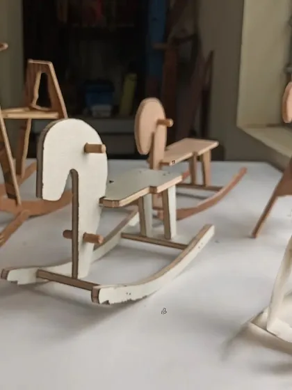 A collection of miniature rocking horse models. I use these to help students choose a design before they start building a full-sized one for their child.