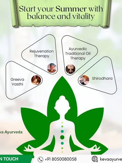 Start your summer with balance and vitality. We recommend therapies like Greeva Vasthi for neck pain and Shirodhara for mental calm to help you feel rejuvenated and balanced during the warmer months.