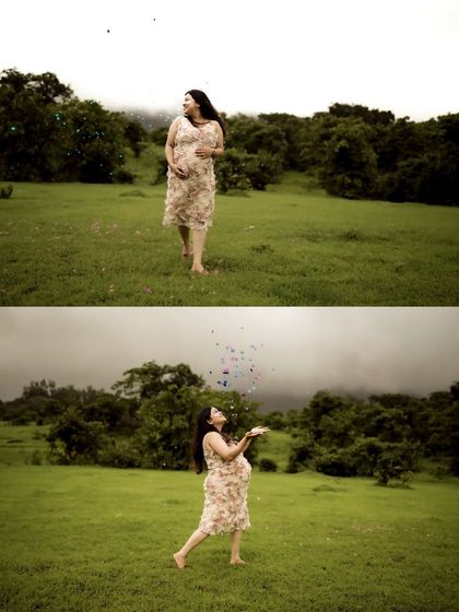 A collage showing the mom-to-be tossing confetti in the air, capturing the celebration and joy of her pregnancy in a dynamic way.