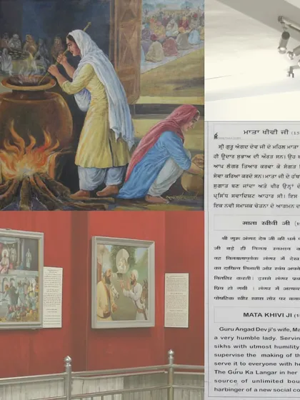 A close up of a painting depicting Mata Khivi Ji supervising the langar, a key institution in Sikhism. The bilingual labels in Punjabi and English are an important feature of the museum's curatorial strategy, making the history accessible to a wider audience.