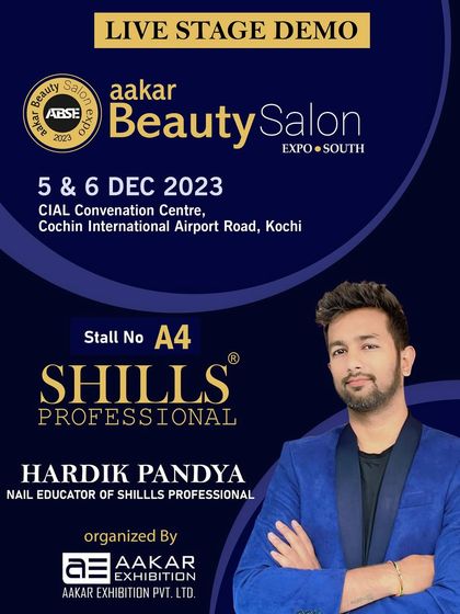 A poster announcing our live stage demo with Hardik Pandya at the Aakar Beauty Salon Expo in Kochi.