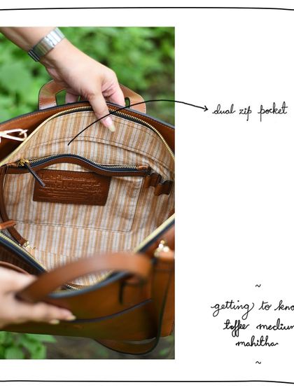 The Toffee Medium Mahitha comes with our signature dual zip pocket inside, providing secure storage for your valuables.