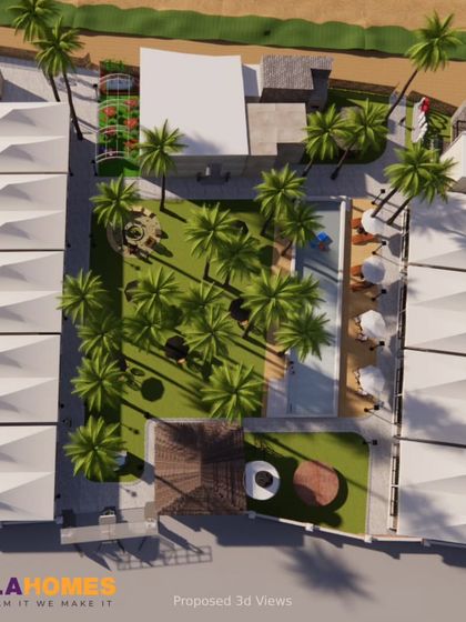 An aerial 3D view of the entire resort layout. This perspective is essential for planning the arrangement of buildings, landscaping, pathways, and communal areas like the central green space and children's play area.